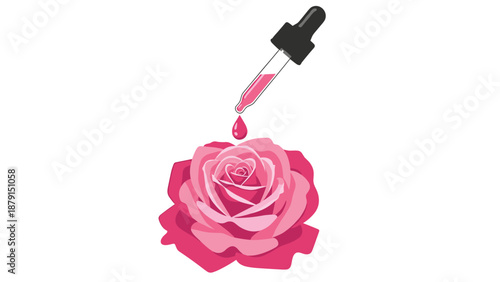 Elegant illustration of a dropper with a delicate pink liquid drop gracefully falling onto a single vibrant pink rose, symbolizing essence, beauty, and natural fragrance.