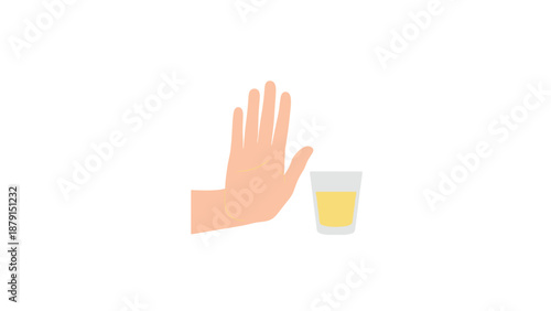 Clear illustration of a hand making a definitive "stop" gesture towards a glass containing a yellow liquid, symbolizing refusal, prohibition, or a healthy lifestyle choice.