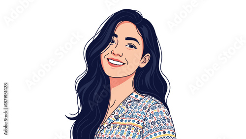Vibrant illustration of a cheerful young woman with beautiful dark wavy hair and a radiant smile, wearing a stylish patterned white and blue shirt, exuding positivity and charm.