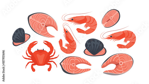 Appetizing collection of fresh seafood items, including succulent salmon steaks, plump shrimp, fresh mussels, and a vibrant red crab, ideal for culinary and market designs.