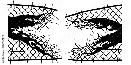 Broken Chain Link Fence Torn Metal Silhouette