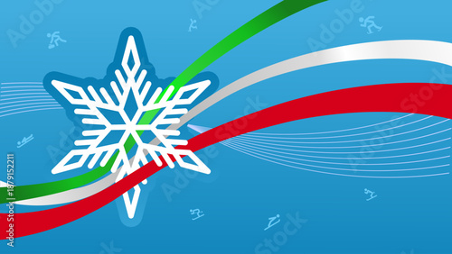 winter sports background, snowflake with ribbons in the colors of the Italian flag, winter sports competition in Italy - vector illustration, banner with empty space, poster