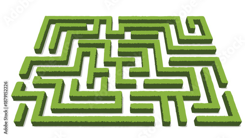 Isometric illustration of a classic green hedge maze, showcasing its intricate paths and walls from an elevated perspective, symbolizing challenges and strategic navigation.