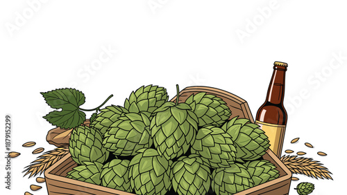 Rustic illustration of a wooden crate brimming with fresh green hops, accompanied by a classic beer bottle, barley, and wheat, symbolizing brewing and craft beer production.
