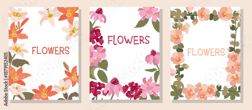Minimalist Botanic Poster Card Set. Lilies, Geranium, Cherry Blossom, Echinacea, Mallow