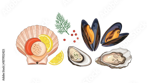 Elegant collection of fresh shellfish, including delicate scallops with lemon, plump mussels, and succulent oysters, garnished with dill and pink peppercorns, for gourmet cuisine.