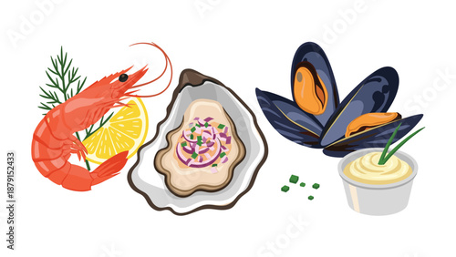 Appetizing collection of fresh shellfish, featuring succulent shrimp with lemon and dill, a gourmet oyster with red onion, plump mussels, and a creamy dipping sauce.