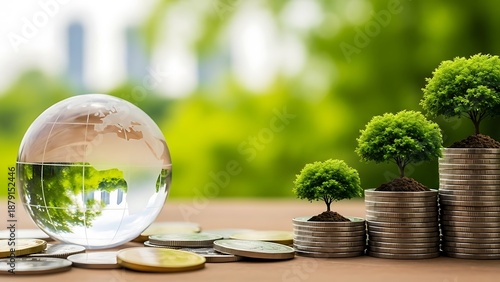 Glass Globe with Trees Growing on Coins Stacks on Wooden Table in Green Background