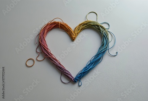  Pride-inspired minimal still life — thin multicolor thread loosely arranged on neutral surface, symbolic love connection, airy negative space.