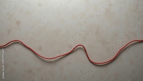  A single vibrant red rope forms a smooth wavy line across a worn, stained concrete surface.