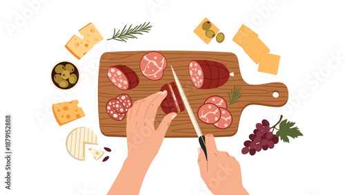 Top-down illustration of hands skillfully slicing salami on a wooden cutting board, surrounded by a delectable spread of cheese, olives, grapes, and fresh rosemary, for a charcuterie board.