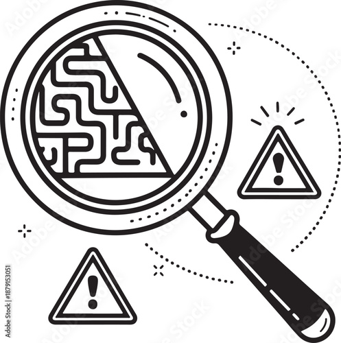 Magnifying glass with maze and warning signs for problem solving