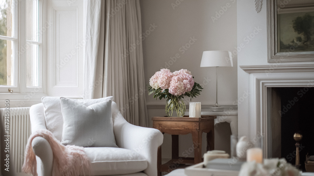 Obraz premium Cozy living room showcasing an elegant armchair, blooming pink hydrangeas, a floor lamp, and a classic fireplace mantel