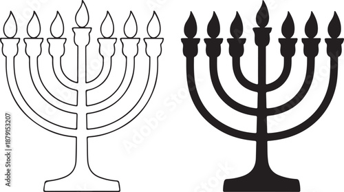 Two black and white menorahs with nine candle holders each candlestick