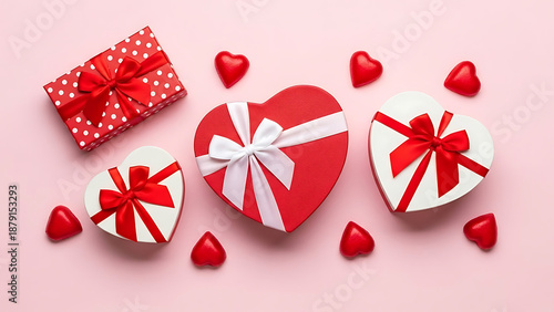 Red gift box with a ribbon and heart symbol for love and celebration