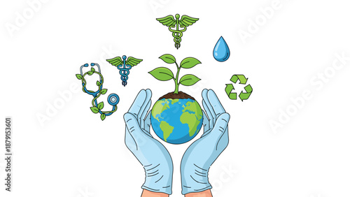 Comprehensive illustration of hands in blue gloves cradling the Earth, surrounded by symbols of a plant, water drop, recycle, and medical caduceus, representing global health and sustainability.