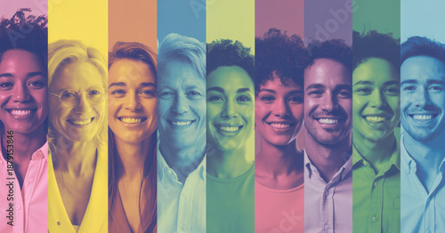 Colorful collage of smiling multiethnic people in vertical panels. Concept of diversity and inclusion for corporate websites, HR presentations, employer branding and marketing banners