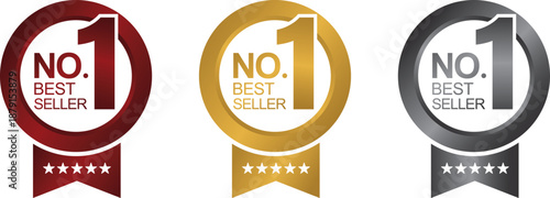 The number 1 best-selling vector design is a circle badge with a ribbon. Simple flat gradient label. For icons, logos, signs, seals, symbols, stamps, and stickers. Vector illustration.