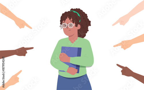 bullying abuse behavior towards a school girl. Depressed girl toxic work  colleagues, bad culture 