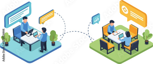 Remote team collaboration illustrated through digital communication and data exchange