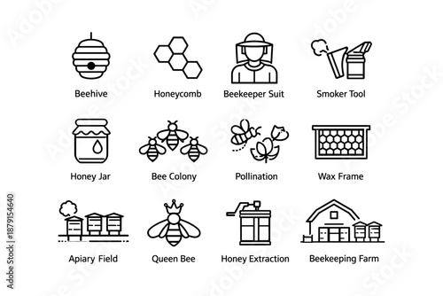 Beekeeping icons: beehive, honeycomb, beekeeper suit, smoker tool, bee colony