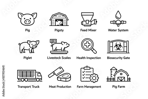 Pig farm equipment and management icons: pig, pigsty, feed mixer, water system, biosecurity