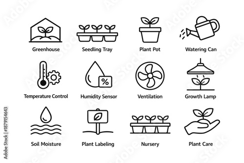 Essential indoor gardening tools: greenhouse, seedling tray, plant pot, watering can