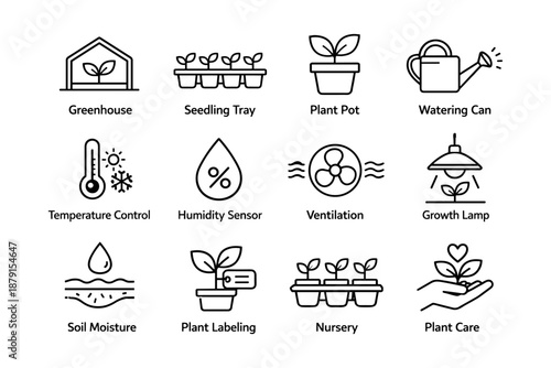 Essential gardening tools and techniques icons for indoor plant cultivation