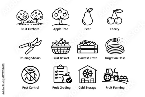 Fruit orchard icons: apple, pear, cherry, tools, and agriculture elements
