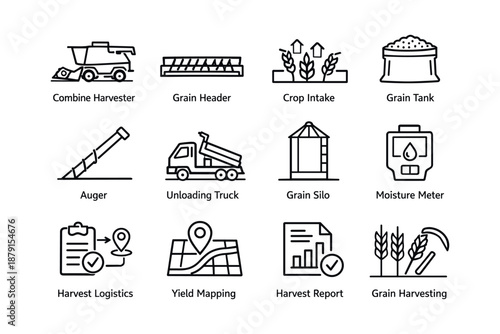 Agricultural equipment icons: harvester, silo, logistics, mapping, and crop tools