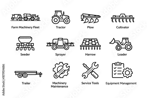 Farm equipment icons: tractor, plow, seeder, sprayer, loader, maintenance tools