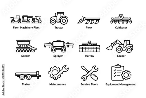 Collection of farm machinery icons including tractor, plow, seeder, and maintenance tools
