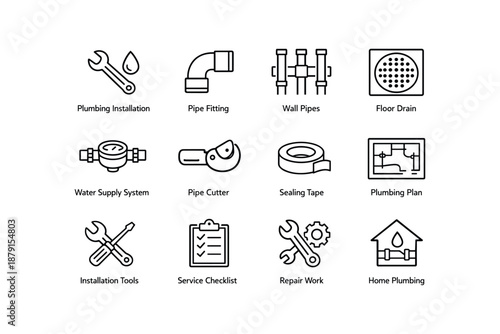 Plumbing icons: tools, installation, plan, repair, drain
