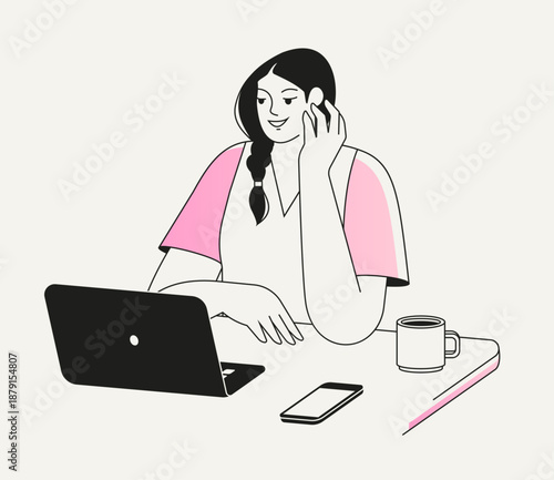 Woman using laptop. Young girl working at the desk, freelancing, studying online. Student using computer. Office work, home education concept. Isolated flat vector illustration