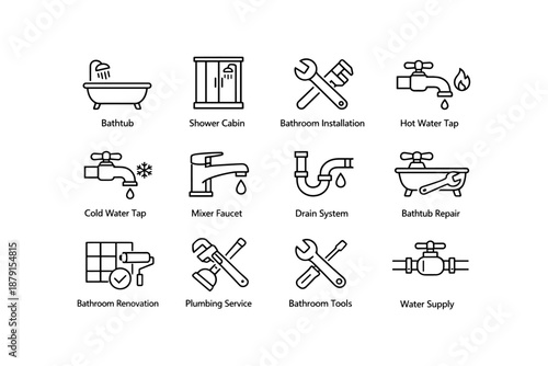 Plumbing and bathroom icons: bathtub, shower, faucet, tools, water supply, installation