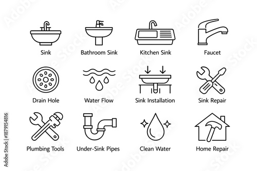 Icons for plumbing and sink repair with tools and water flow