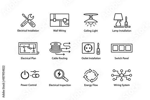 Comprehensive electrical installation and wiring icons set