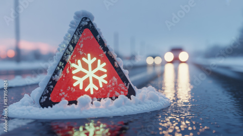 Triangular road sign with a snowflake symbol covered in snow, warning of icy and slippery roads, representing winter driving safety and hazardous weather conditions 