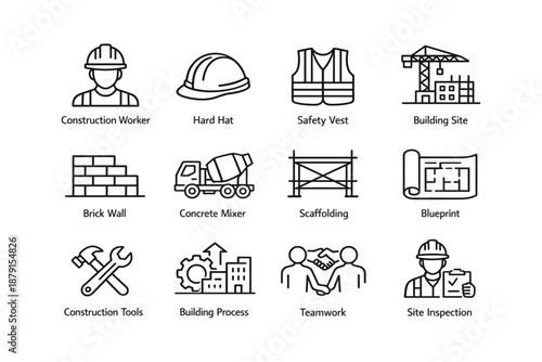 Construction icons set: worker, hard hat, safety vest, and building elements