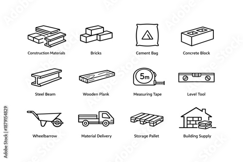 Construction tools and materials: bricks, cement, steel beams, and more