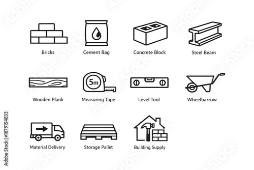 Icons of building materials and tools including bricks, cement, and wheelbarrow