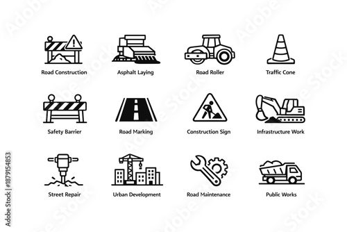 Road and infrastructure icons: construction, maintenance, traffic, safety equipment