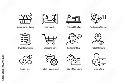 Retail worker icons: shopping cart, customer help, inventory check, store aisle, restocking shelves