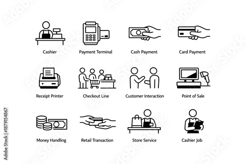 Retail checkout icons: cashier, payment methods, point of sale transactions