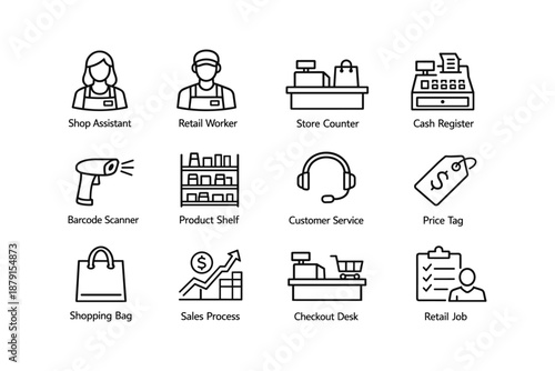 Retail industry icons: shop assistant, cash register, product shelf, customer service, price tag