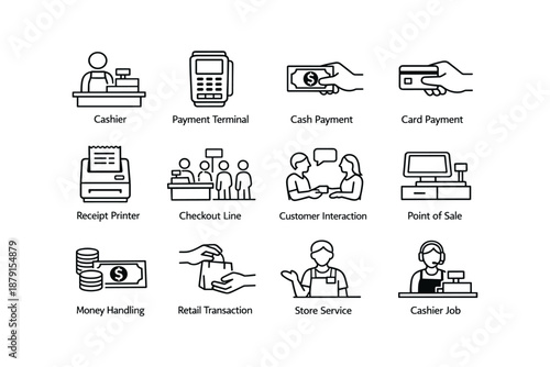 Retail icons: cashier, payment, customer interaction, point of sale, checkout line