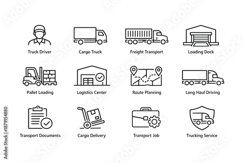 Logistics and transportation icons: trucks, warehouses, and route planning symbols