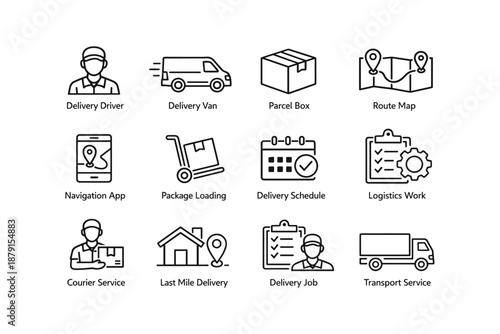 Delivery and logistics icon set illustrating various aspects of modern transportation services