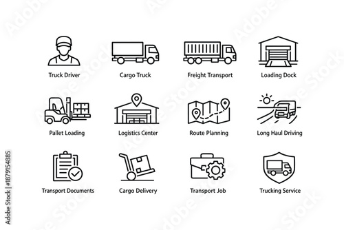 Logistics icons set: truck driver, cargo truck, loading dock, route planning
