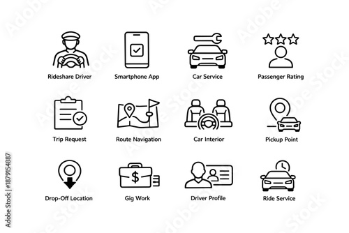 Rideshare app icons set featuring driver, car, and navigation symbols